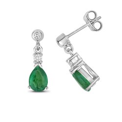 Diamonds & Emerald Pear Shape Drops In 9ct White Gold 