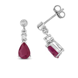 Diamonds & Ruby Pear Shape Drops In 9ct White Gold 