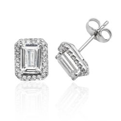 Silver Halo Emerald Cut Cz Claw Set Studs SEG0027CZ