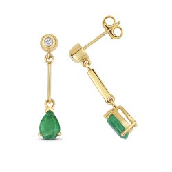 Diamond & Emerald Pear Shape Bar Drops In 9ct Gold 