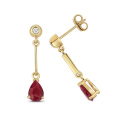 Diamond & Ruby Pear Shape Bar Drops In 9ct Gold 