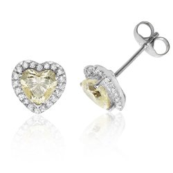 Silver Halo Yellow Heart Shape  Cz Claw Set Studs SEG0023YZ