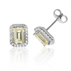 Silver Halo Yellow Emerald Cut Cz Claw Set Studs SEG0027YZ