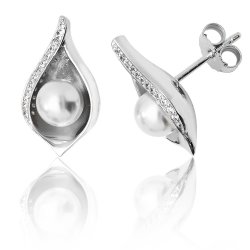 Silver Pave Set Cz Shell And Pearl Studs SEG0061CZ
