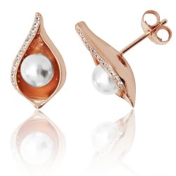 Silver Rose Gold Plated Pave Set Cz Shell And Pearl Studs SEG0061R