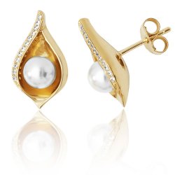 Silver Yellow Gold Plated Pave Set Cz Shell And Pearl Studs SEG0061Y