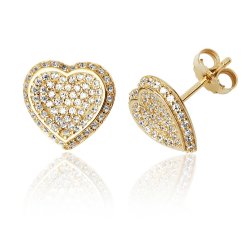 Silver Yellow Gold Plated Pave Set Cz Heart Studs SEG0062Y