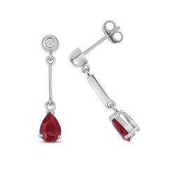 Diamond & Ruby Pear Shape Bar Drops In 9ct White Gold 