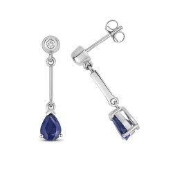 Diamond & Sapphire Pear Shape Bar Drops In 9ct White Gold 