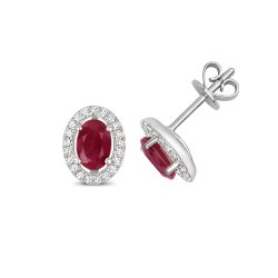 Diamond & Ruby Oval Halo Studs In 9ct White Gold 