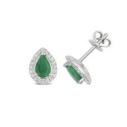 Diamond & Emerald Pear Shape Halo Studs In 9ct White Gold 