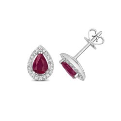 Diamond & Ruby Pear Shape Halo Studs In 9ct White Gold 