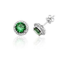 Silver Halo Green Round Cz Claw Set Studs SEG0009EM