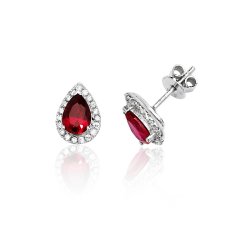 Silver Halo Red Pear Shape Cz Claw Set Studs SEG0015RU