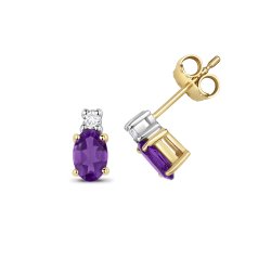 Diamond & Amethyst Oval Claw Set Studs In 9ct Gold 