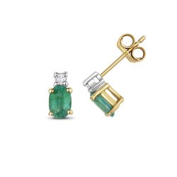 Diamond & Emerald Oval Claw Set Studs In 9ct Gold 