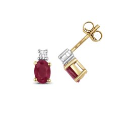 Diamond & Ruby Oval Claw Set Studs 9ct Gold 