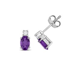 Diamond & Amethyst Oval Claw Set Studs In 9ct White Gold 