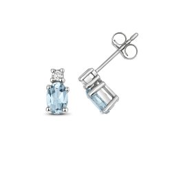 Diamond & Aquamarine Oval Claw Set Studs In 9ct White Gold 