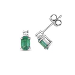 Diamond & Emerald Oval Claw Set Studs In 9ct White Gold 