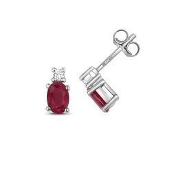 Diamond & Ruby Oval Claw Set Studs In 9ct White Gold 
