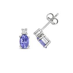 Diamond & Tanzanite Oval Claw Set Studs In 9ct White Gold 