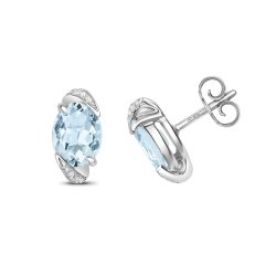 Diamond & Aquamarine Oval Studs In 9ct White Gold 