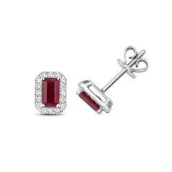 Diamond & Ruby Octagon Cluster Studs In 9ct White Gold 
