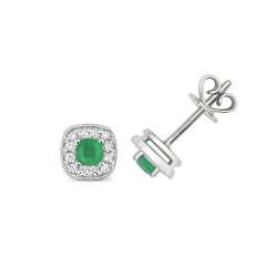 Diamond & Emerald Cushion Cluster Studs In 9ct White Gold 