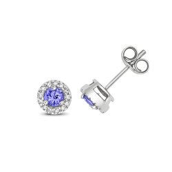 Diamond & Tanzanite Round Cluster Studs In 9ct White Gold 