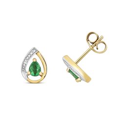 Diamond & Emerald Pear Shape Studs In 9ct Gold 