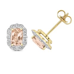 Diamond & Morganite Cushion Deco Style Cluster Studs In 9ct Gold 