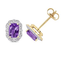 Diamond & Amethyst Cushion Deco Style Cluster Studs In 9ct Gold 