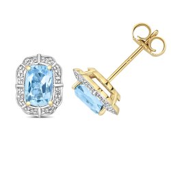 Diamond & Light Swiss Blue Topaz Cushion Deco Style Cluster In 9ct Gold 