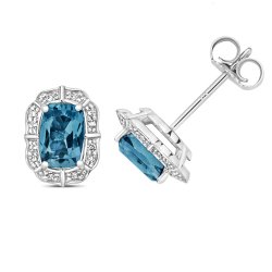 Diamond & London Blue Topaz Cushion Deco Style Cluster Studs In 9ct Gold 