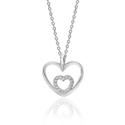 Silver Double Heart Shape Plain And Cz Pendant And Chain SPG0032CZ