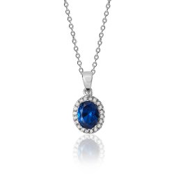 Silver Blue Oval Cluster Cz Pendant And Chain SPG0035SA