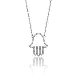 Silver Pave Set Cz Fine Open Hamsa Pendant On Fixed Chain SPG0046
