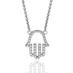 Silver Pave Set Cz Fine Open Hamsa Pendant On Fixed Chain SPG0048