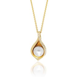 Silver Yellow Gold Plated Pave Set Cz Shell And Pearl Pendant And Chain SPG0051Y