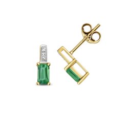 Diamond & Emerald Octagon Claw Set Studs In 9ct Gold 