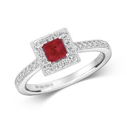 Diamond & Ruby Square Cluster With Set Shoulders Ring In 9ct White Gold 