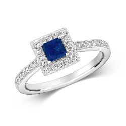 Diamond & Sapphire Square Cluster With Set Shoulders Ring In 9ct White Gold 