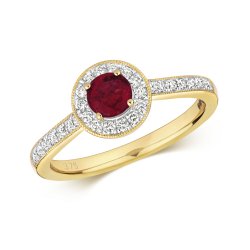 Diamond & Ruby Round Cluster With Set Shoulders Ring In 9ct Gold 