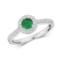 Diamond & Emerald Round Cluster With Set Shoulders Ring In 9ct White Gold 