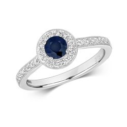 Diamond & Sapphire Round Cluster With Set Shoulders Ring In 9ct White Gold 