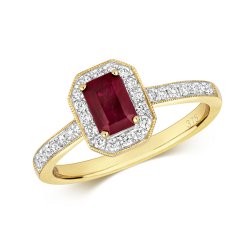 Diamond & Ruby Octagon Cluster With Set Shoulders Ring In 9ct Gold 