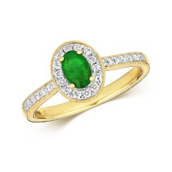 Diamond & Emerald Oval Cluster With Set Shoulders Ring In 9ct Gold 
