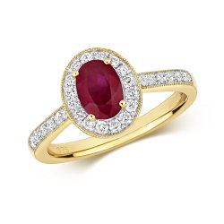 Diamond & Ruby Oval Cluster With Set Shoulders Ring In 9ct Gold 