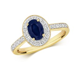 Diamond & Sapphire Oval Cluster With Set Shoulders Ring In 9ct Gold 